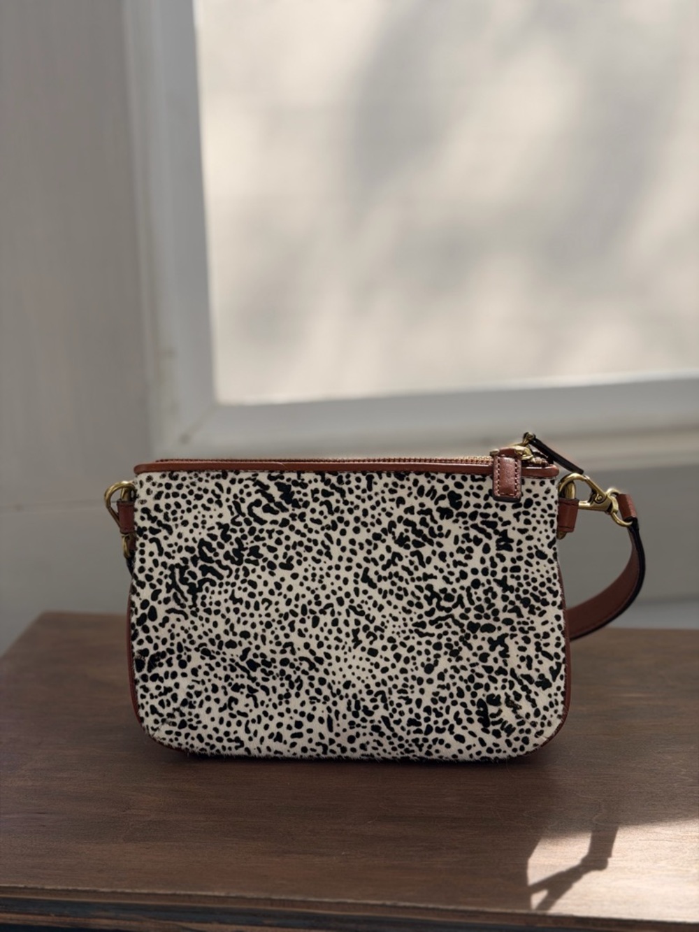 Fossil Black and White Spotted Mini Crossbody with Brown Trim - Picture 2 of 4